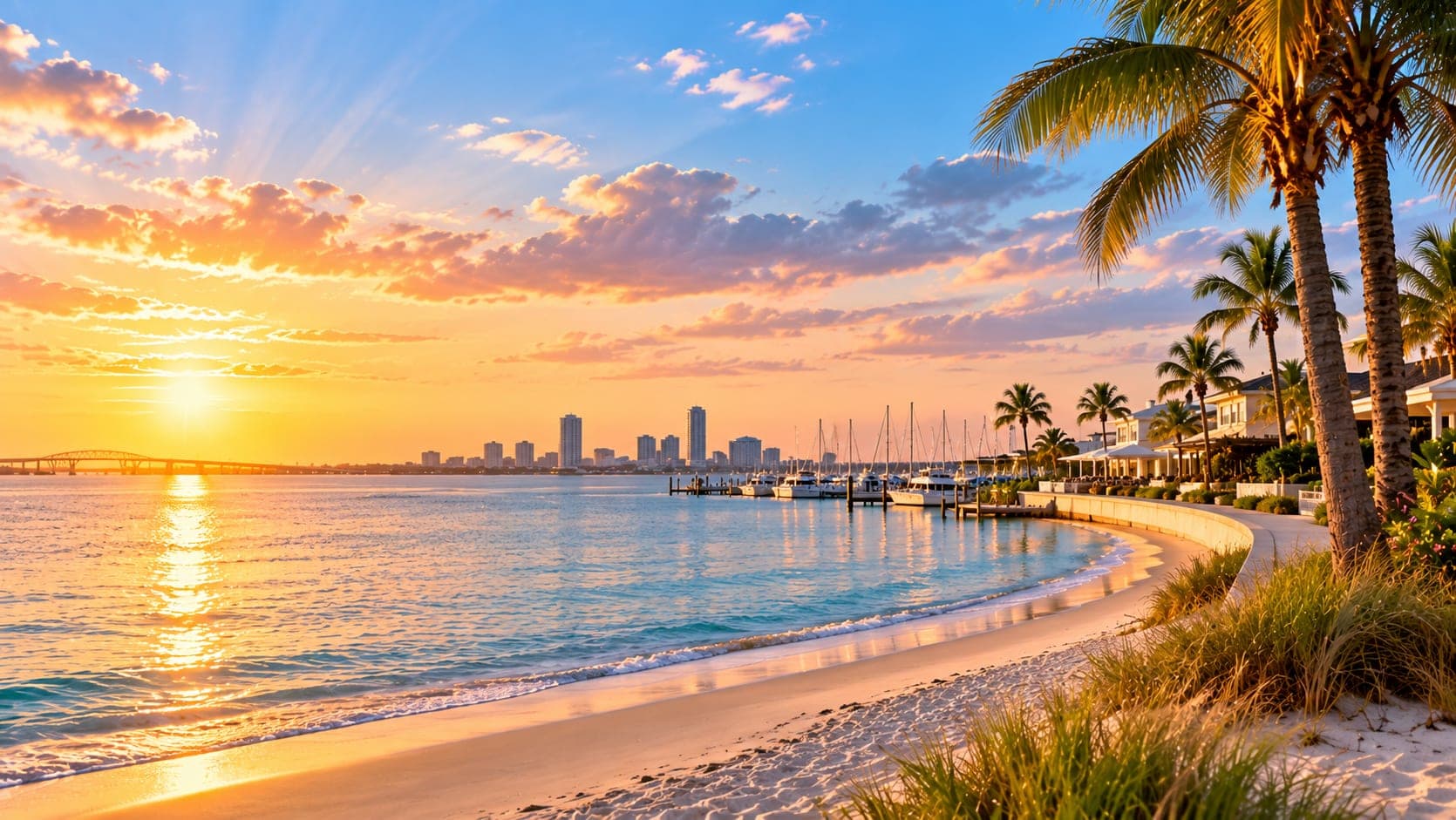 Sunset over Corpus Christi Bay with a marina, palm trees and the downtown skyline
