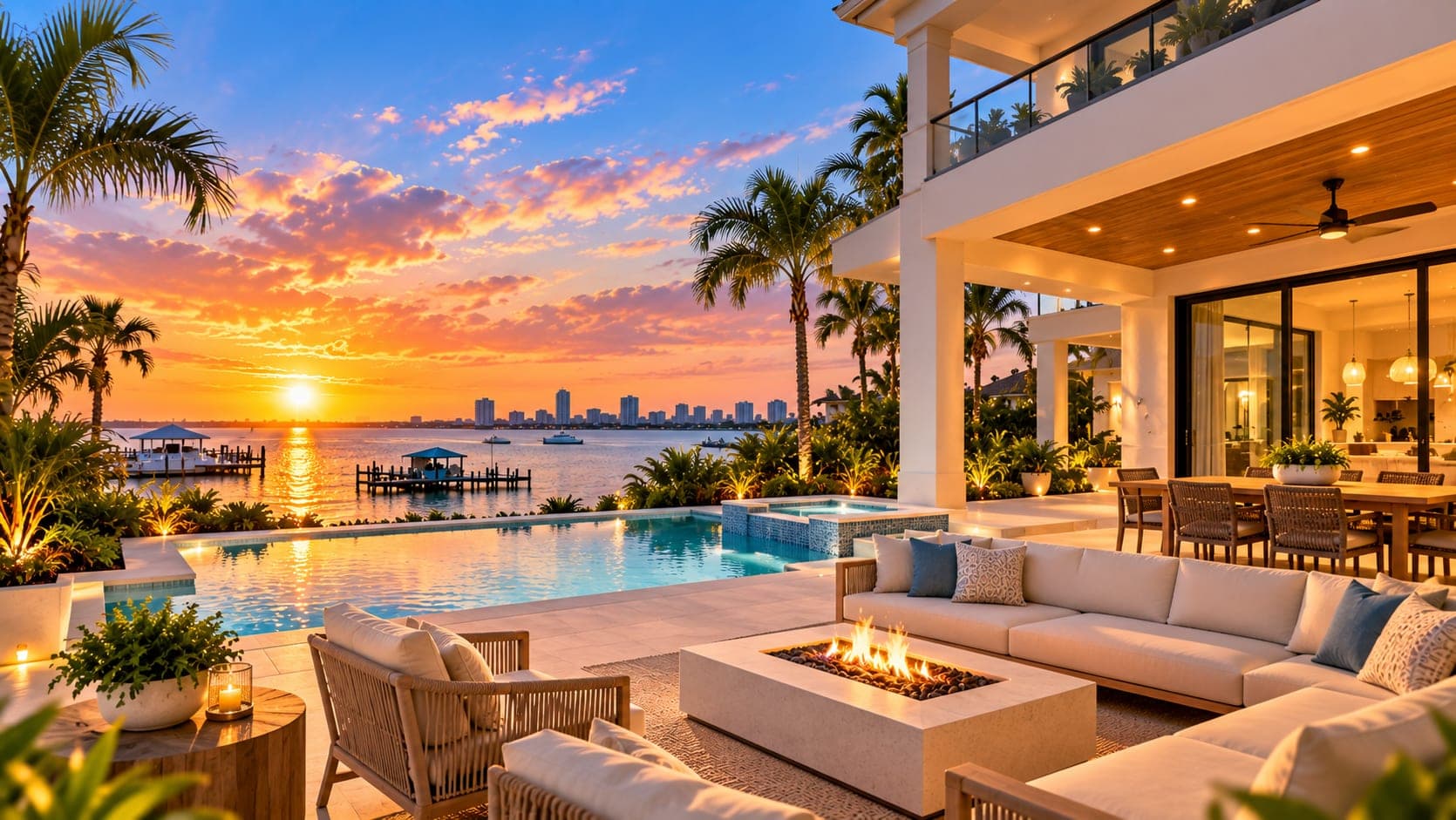 Waterfront terrace with pool and fire pit at dusk
