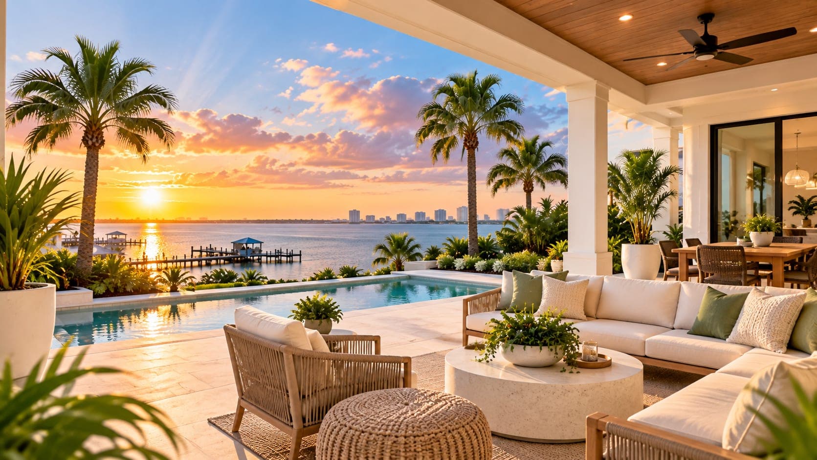 Covered outdoor living space overlooking the bay at sunset