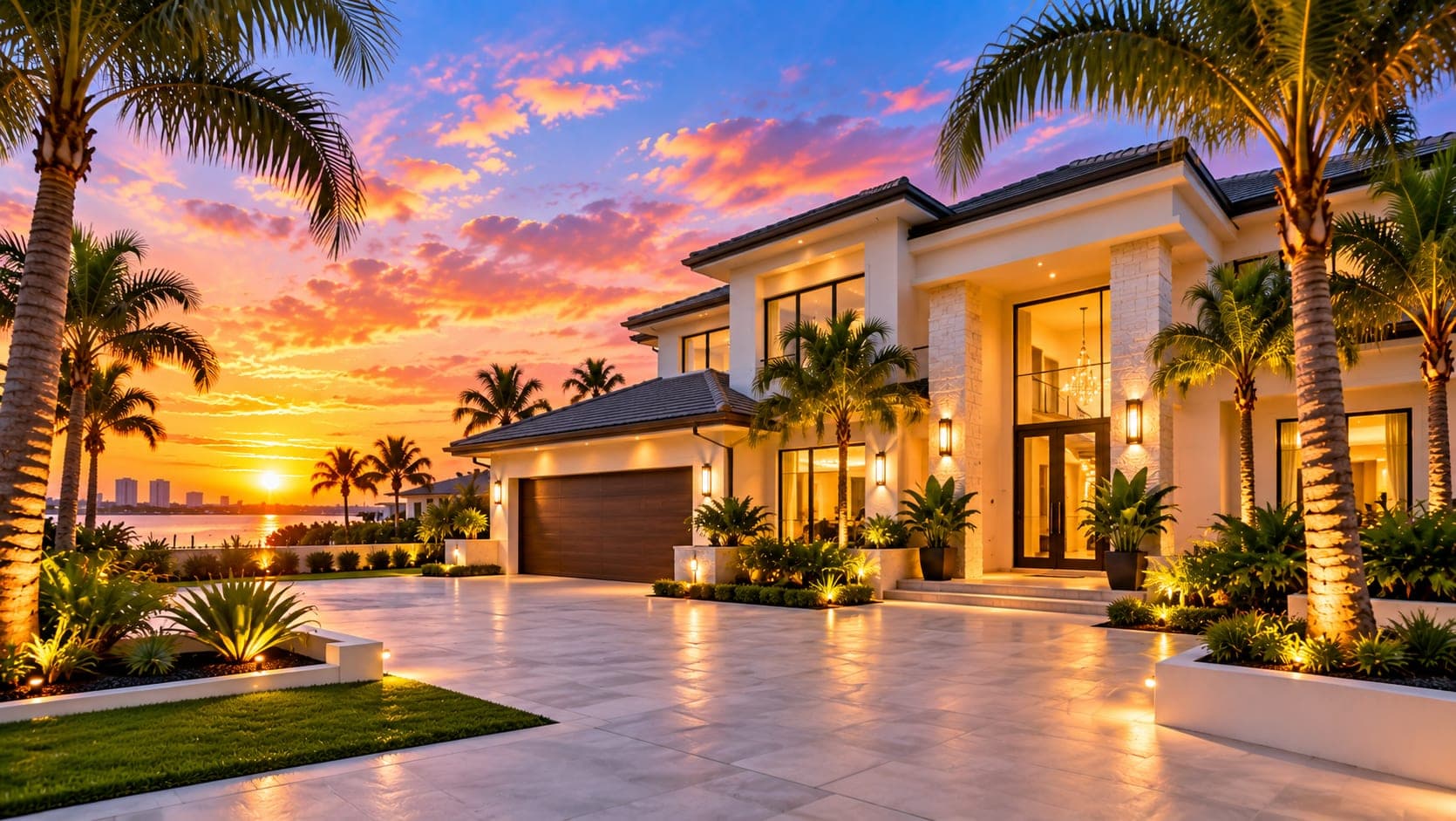 Coastal two-story home with palm trees and a lit entry at sunset