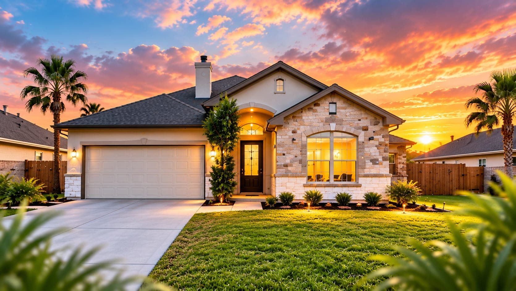 Front exterior of 7650 Sable Creek Dr at sunset — stone accents, arched window and two-car garage