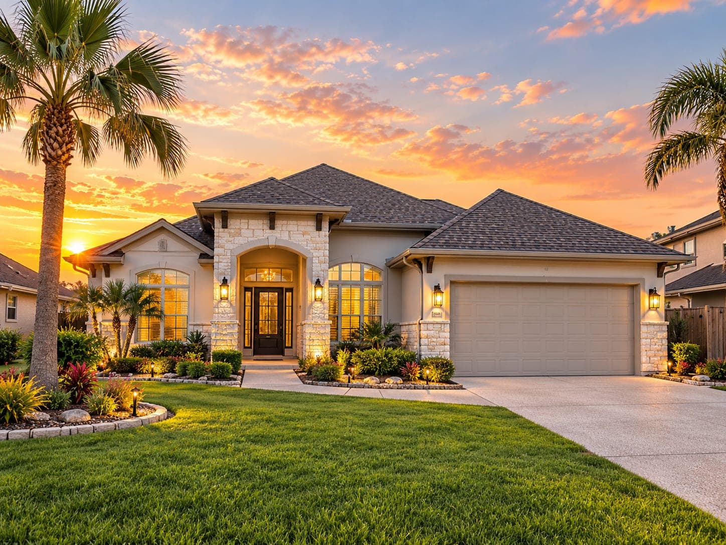 Single-story stone and stucco home with palm trees at sunset